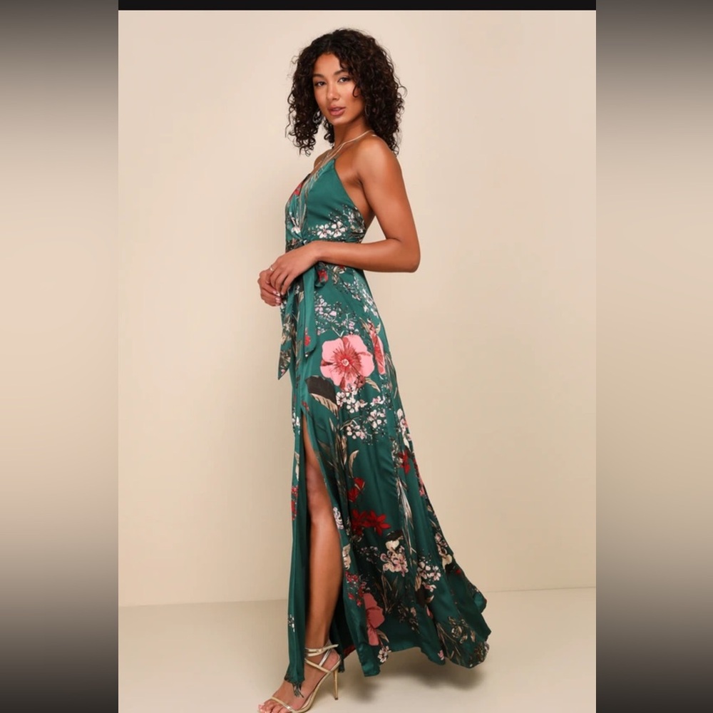 Lulu’s “Still the One” emerald green floral maxi dress.